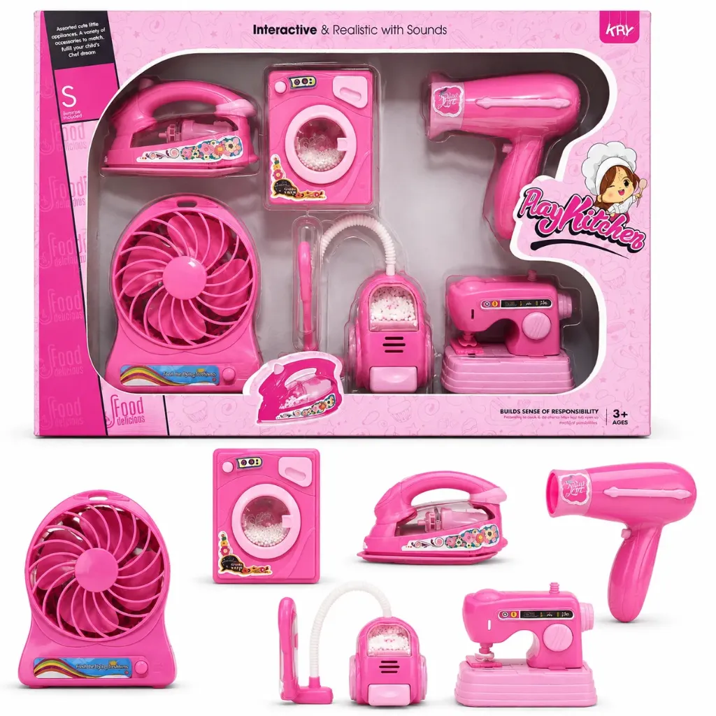 [KBS-2432] Kids Household Appliance Toy Set with Sound - 6 Pcs Pink Educational Role Play Kit for Girls