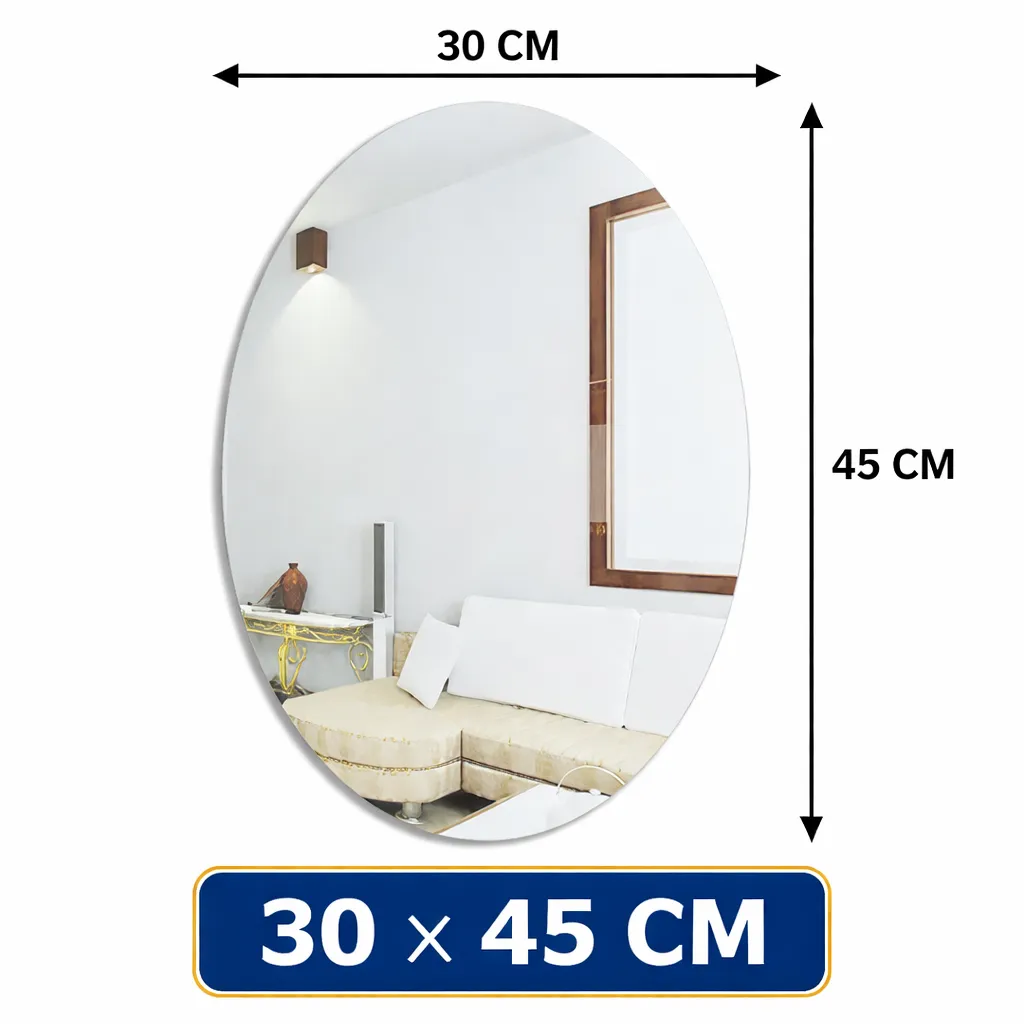Oval Shape Wall Mirror Sticker - 30 x 45 cm Unbreakable Plastic Mirror Sheet - Self Adhesive Wall Decor for Bathroom Bedroom Living Room & Office