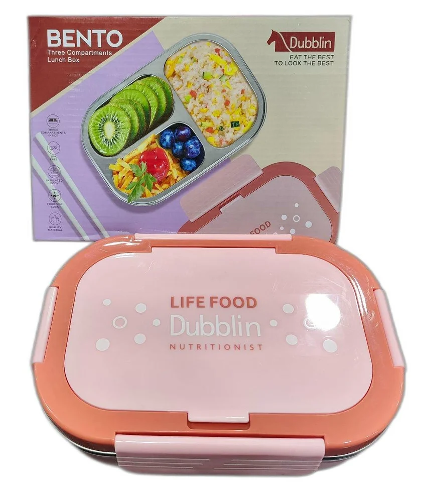 Stainless Steel 3-Compartment Lunch Box – Insulated Body, Leak-Proof, BPA-Free, 750ml (Model Dubblin Bento)