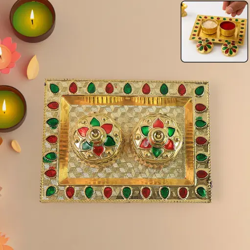 [KBS-1068] Decorative Golden Pooja Thali with Kumkum and Chawal Holders 