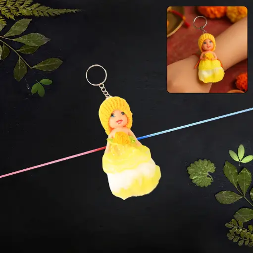 [KBS-1073] 2-in-1 Kids Doll Rakhi & Keychain – Soft Toy Rakhi  - Yellow