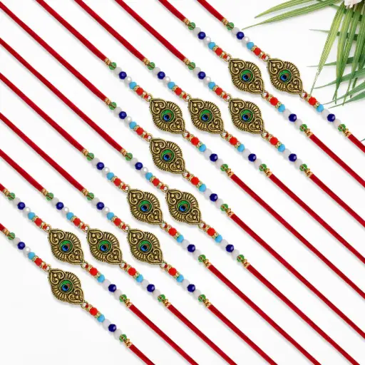 [KBS-1088] Evil Eye Designer Rakhis – Blue Centerpiece with Antique Finish & Colorful Beads
