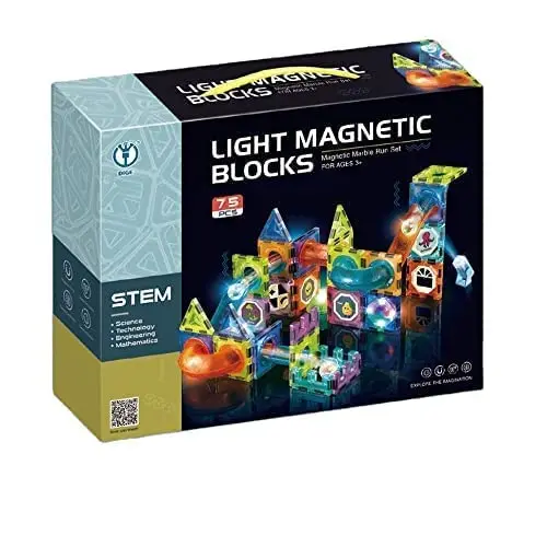 [KBS-1096] 75 Pcs Light Magnetic Tiles for Kids – 3D STEM Building Blocks & Marble Run Toy Set