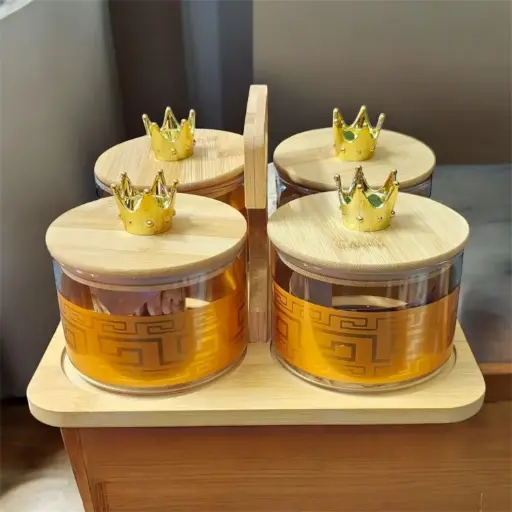 [KBS-1303] Wooden Glass Jar Dry Fruits Set with Handle 